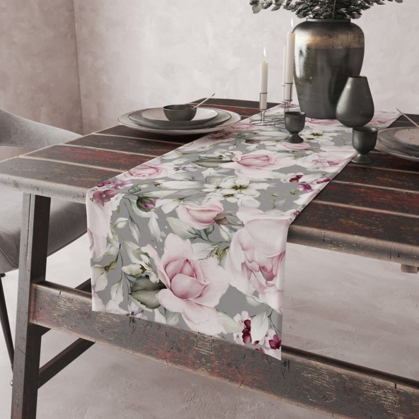 Asztali futó bazsarózsa nyomtatással szürke színben