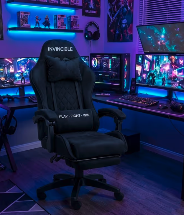 Scaun de gaming negru cu tapițerie din catifea și suport pentru picioare extensibil