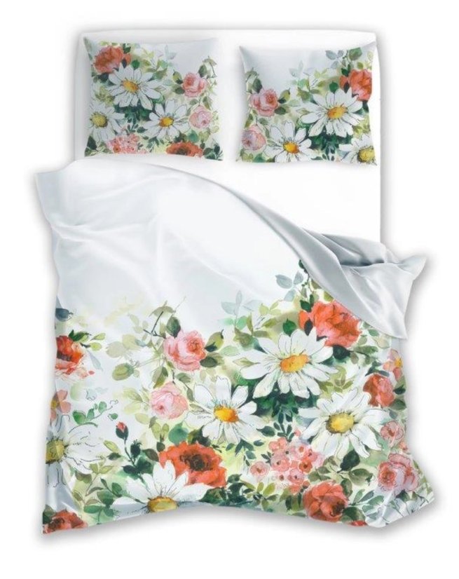 Obliečky s bavlneného saténu - margarétky a ruže na bielom podklade