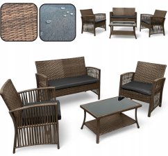 Záhradný set NM-02 z kvalitného technoratanu - hnedý + sivé vankúše