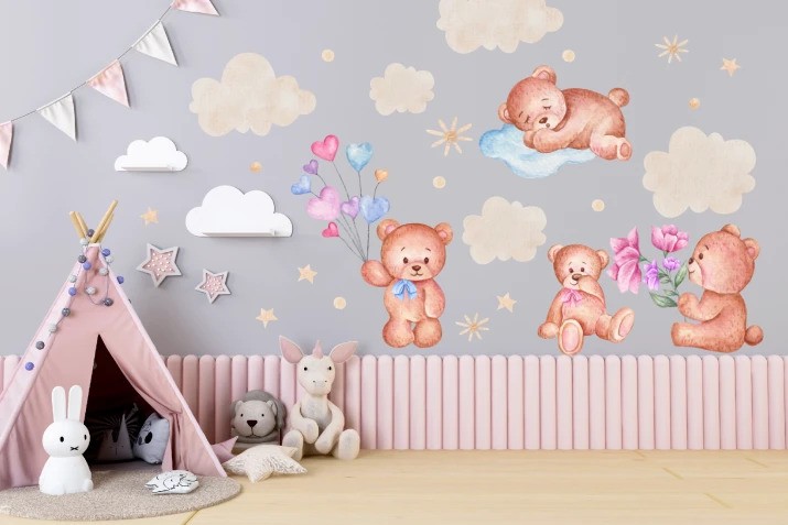 Adesivo da parete per bambini orsacchiotto paese - Dimensione dell'adesivo: 100 x 200 cm