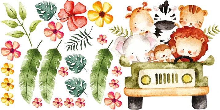 Adesivo murale per bambini "animali da safari in viaggio in auto!