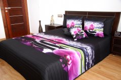 Prehozy na posteľ čiernej farby s 3D motívom orchideí