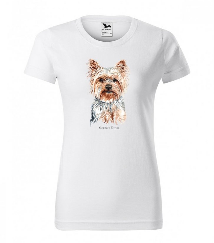 Bavlnené dámske tričko s potlačou psa yorkshire teriér - Farba: Biela, Veľkosť: S