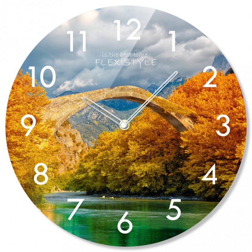 Okrogla steklena ura z motivom jeseni, 30 cm