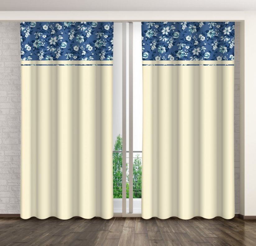 Krem ukrasna zavjesa s printom bijelih i plavih cvjetova
