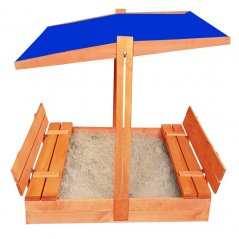 Затварящ се пясъчник с пейки и син покрив 120 х 120 см