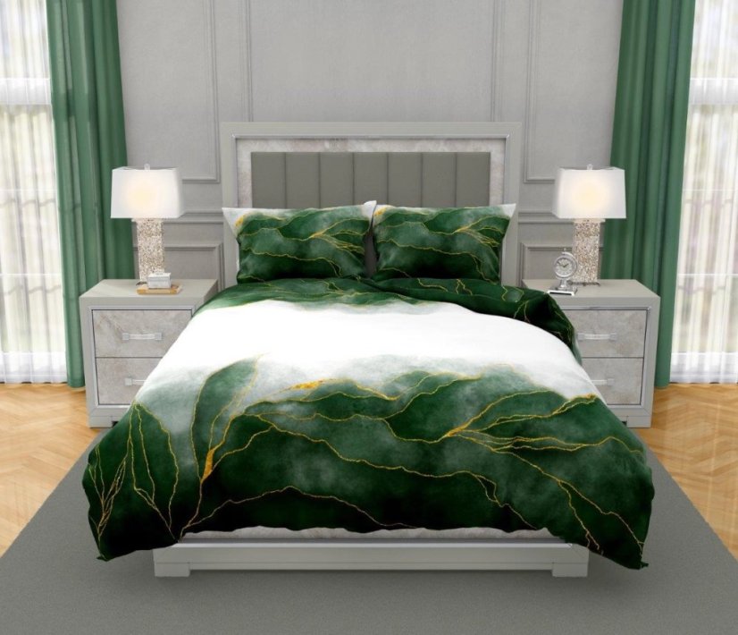 Posteľné obliečky s bavlneného saténu so zeleno-zlatým abstraktným vzorom