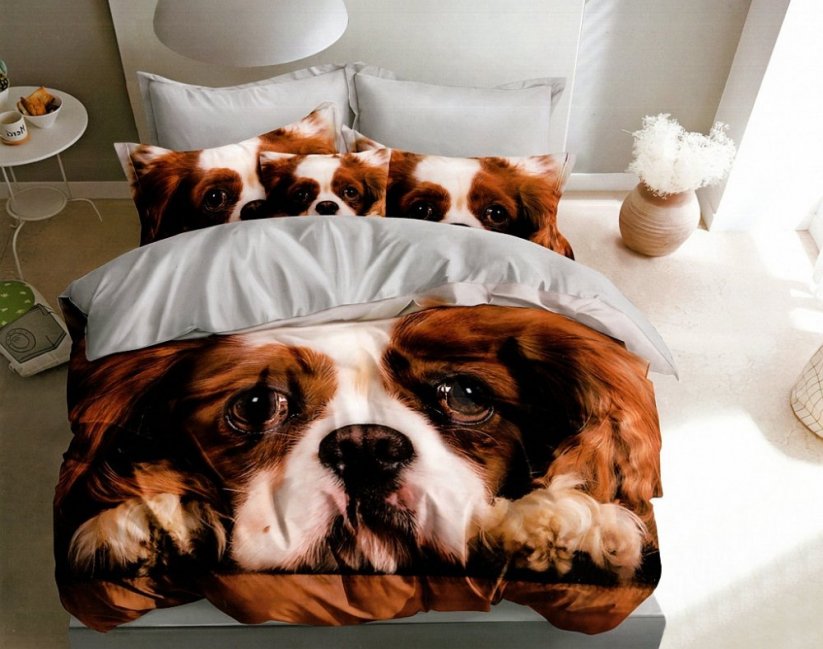 Obojstranné posteľné obliečky s motívom psíka hnedej farby