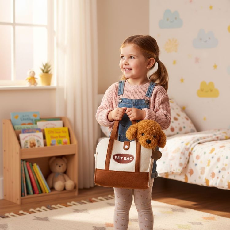 Plyšový psík v kabelke – roztomilá hračka pre deti
