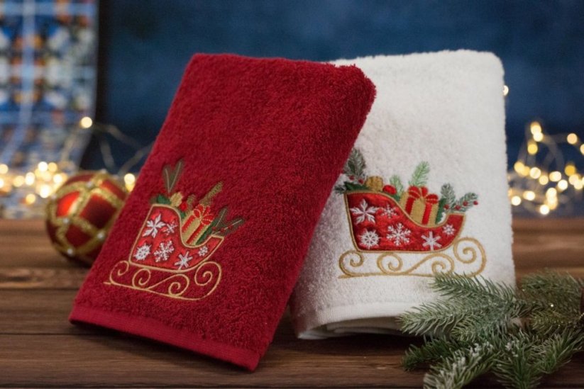 Bavlněný červený ručník s vánočními saněmi