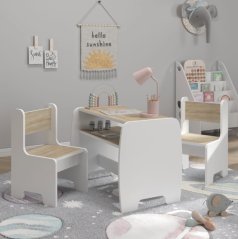 Detský set stolík a 2 stoličky s úložnou policou - sonoma + biela