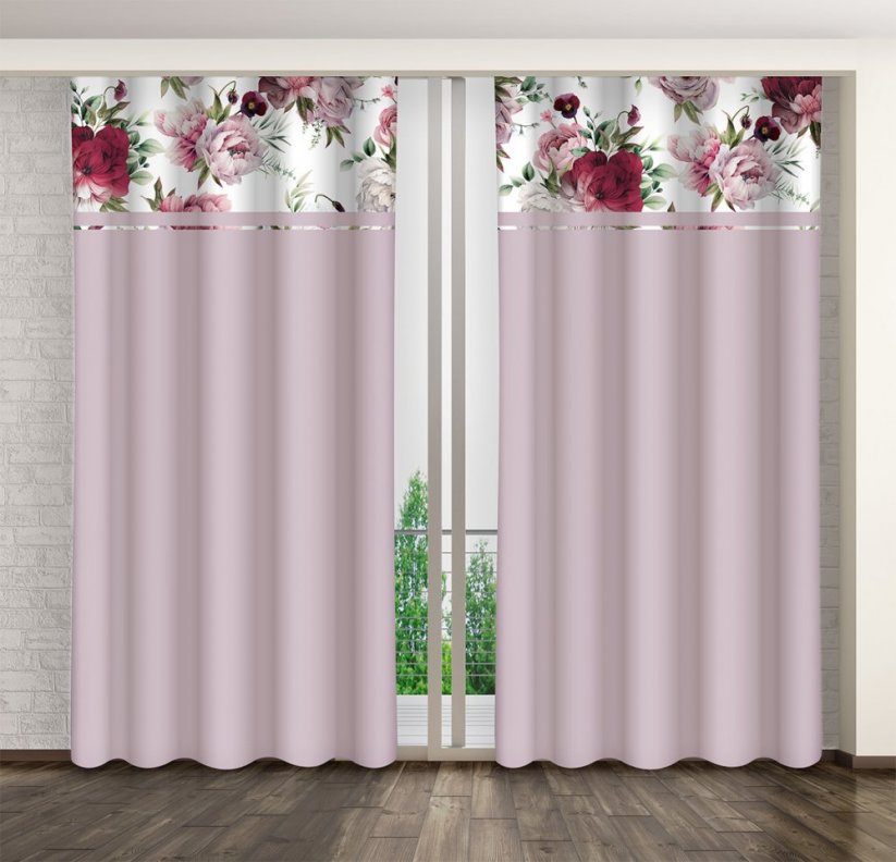 Egyszerű világos lila függöny rózsaszín és bordó bazsarózsák nyomtatásával - Méret: Szélesség: 160 cm | Hossz: 250 cm