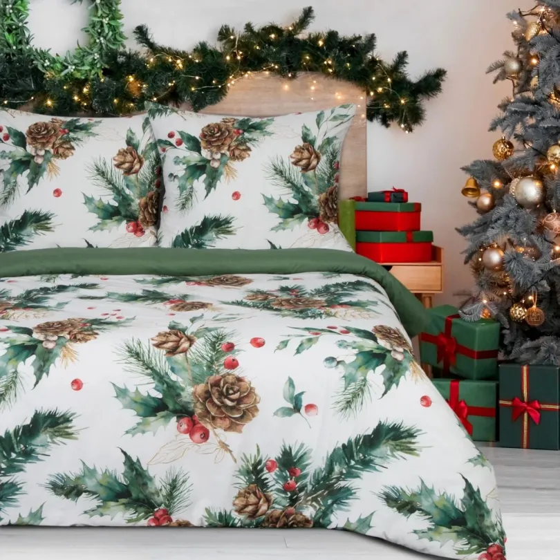Vianočné posteľné obliečky s vetvičkami a šiškami