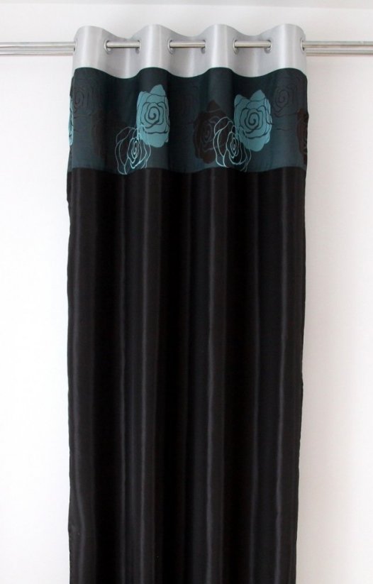 Draperie neagră cu model flori turcoaz - Mărimea: Lăţime: 140 cm | Lungime: 250 cm (într-un set de 1 bucată)