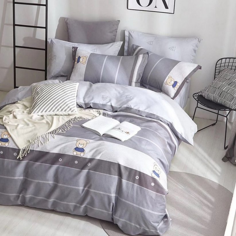 Detské obojstranné posteľné obliečky v šedých odtieňoch s medvedíkom - Rozmer: 3 časti: 1ks 160 cmx200 + 2ks 70 cmx80