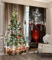 Zavjese s 3D motivom božićnog drvca i kamina