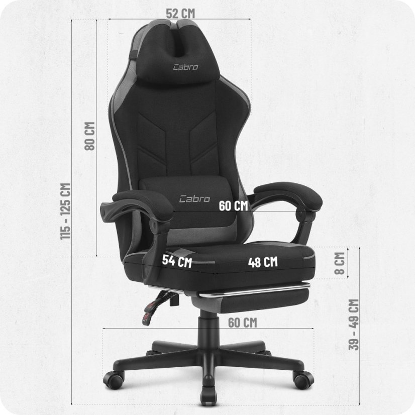 CABRO C504 gamerska stolica s presvlakom od tkanine i osloncem za noge, do 150 kg, crna i siva