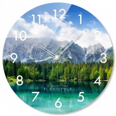 Okrúhle sklenené hodiny 30 cm s motívom horského jazera