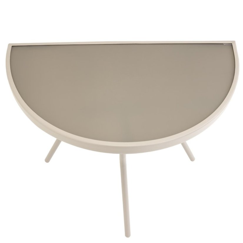 Pologuľatý balkónový stolík béžový – sklenený s kovovou konštrukciou