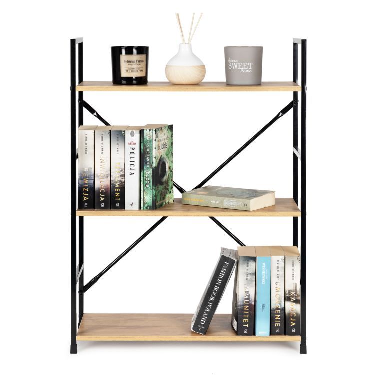 Drevený regál s kovovým rámom a s 3 policami