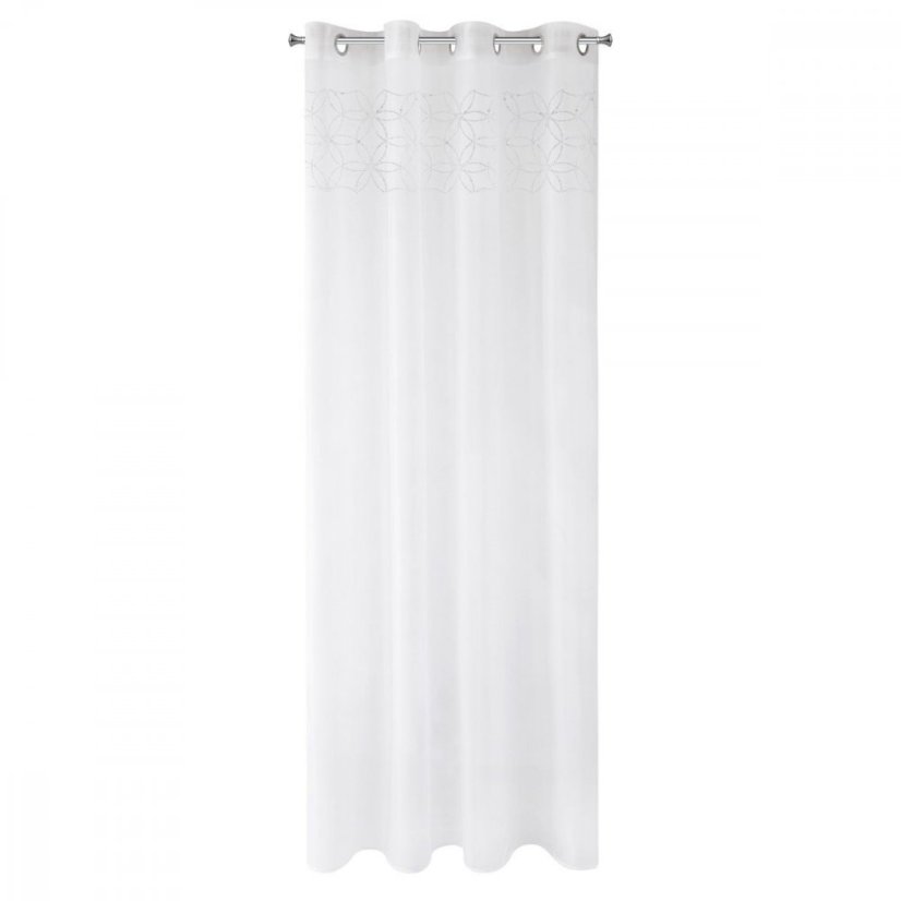 Perdea albă frumoasă pe cercuri cu flori decorative din zirconiu cubic 140 x 250 cm