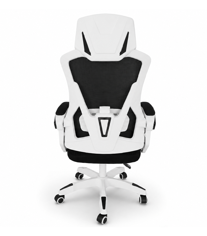 Ergonomické kancelárske kreslo s opierkou hlavy a sieťovaným operadlom čierne s bielou konštrukciou
