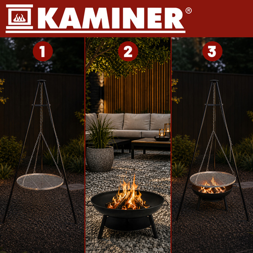 Kerti grill háromlábú állvánnyal – 58 cm-es, felfüggesztett rozsdamentes acél rács tűztérrel