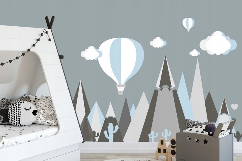 Gyerek falmatrica Hőlégballon és hegyek 100 x 200 cm 