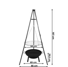Kerti grill háromlábú állvánnyal – 58 cm-es, felfüggesztett rozsdamentes acél rács tűztérrel