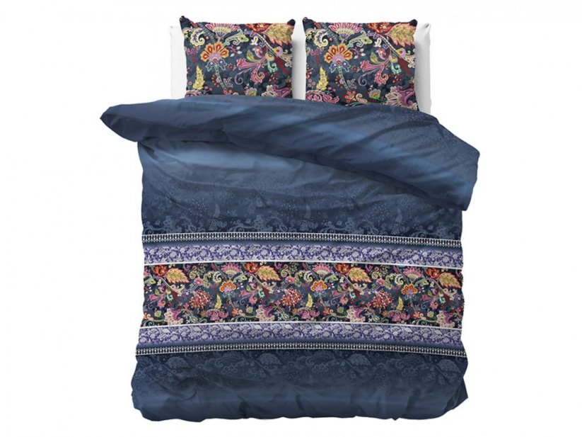 Luxuriöse blaue gewebte Bettwäsche mit bunten Blumen 200 x 220 cm