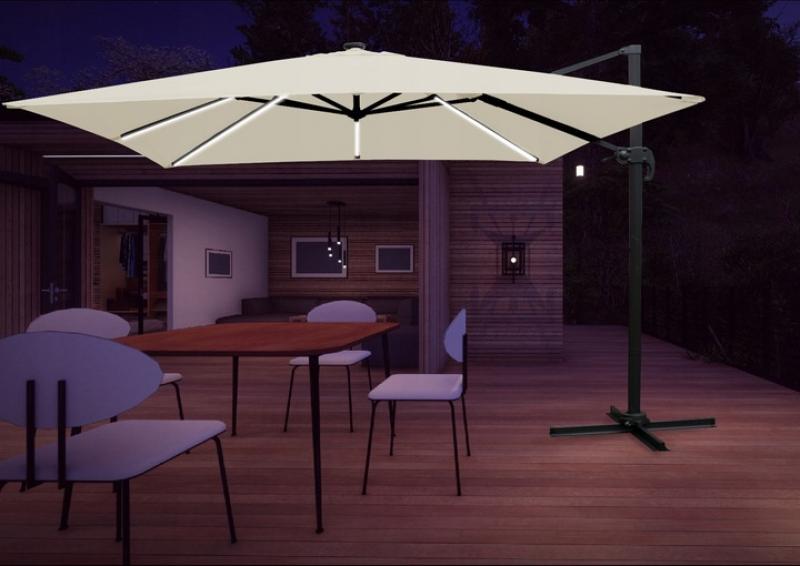 Бежов градински чадър с LED осветление 3 x 3 м