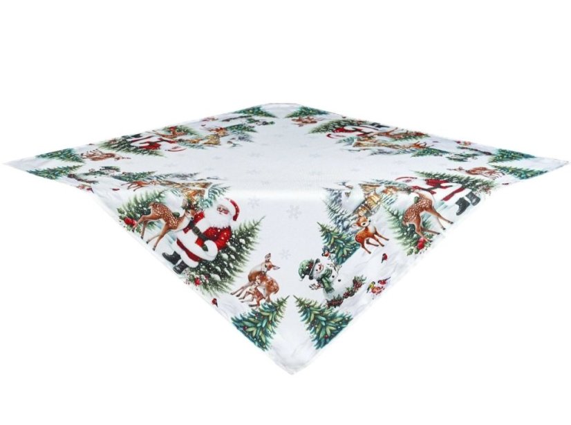 Vianočný obrus – biely so vzorom Santa Clausa, sobov a zimnej krajiny