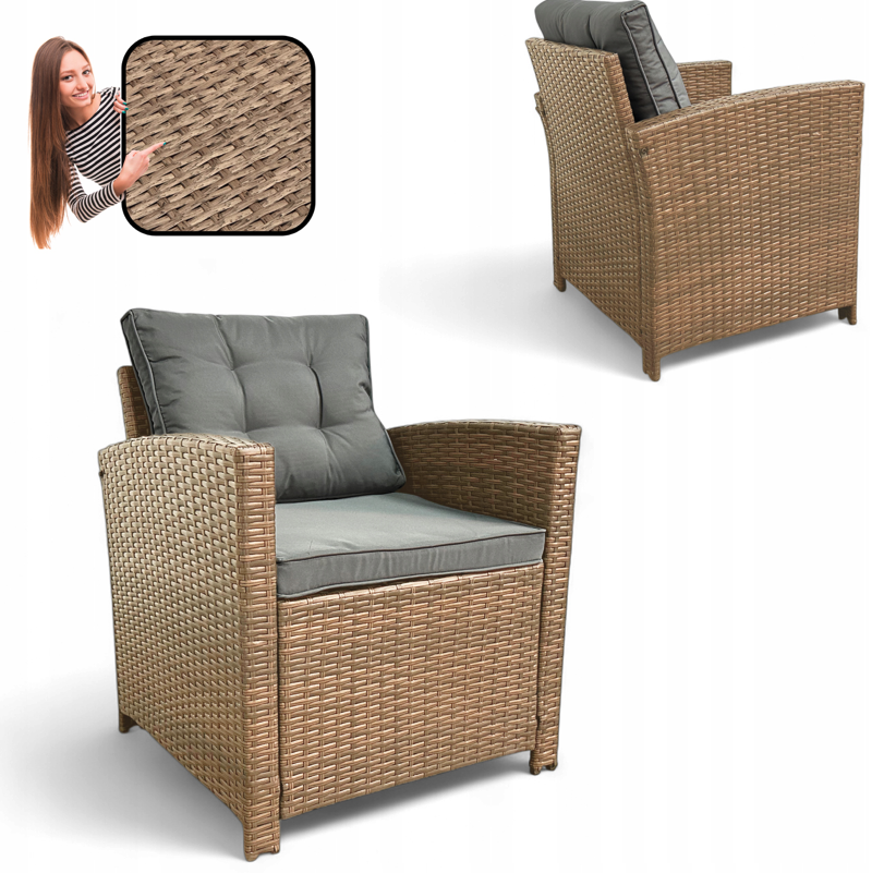 Set de două fotolii de grădină din technoratan SFS020-SC - maro natural + perne gri