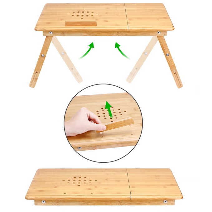 Bambusz laptop asztal szellőzőnyílásokkal és fiókkal 55 x 28 x 35 cm