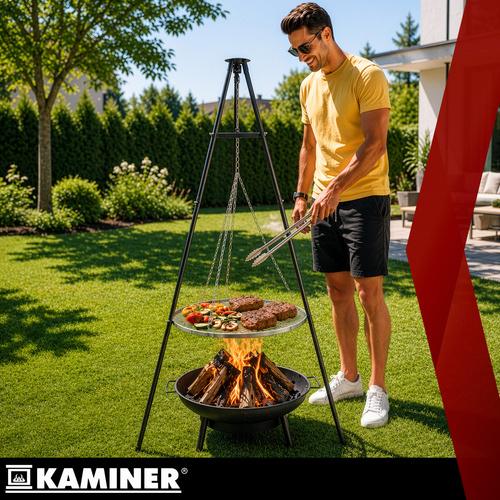 Kerti grill háromlábú állvánnyal – 58 cm-es, felfüggesztett rozsdamentes acél rács tűztérrel