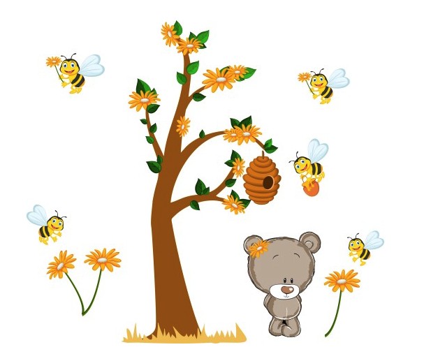 Niedlicher Wandaufkleber trauriger Teddybär und Bienen 100 x 200 cm