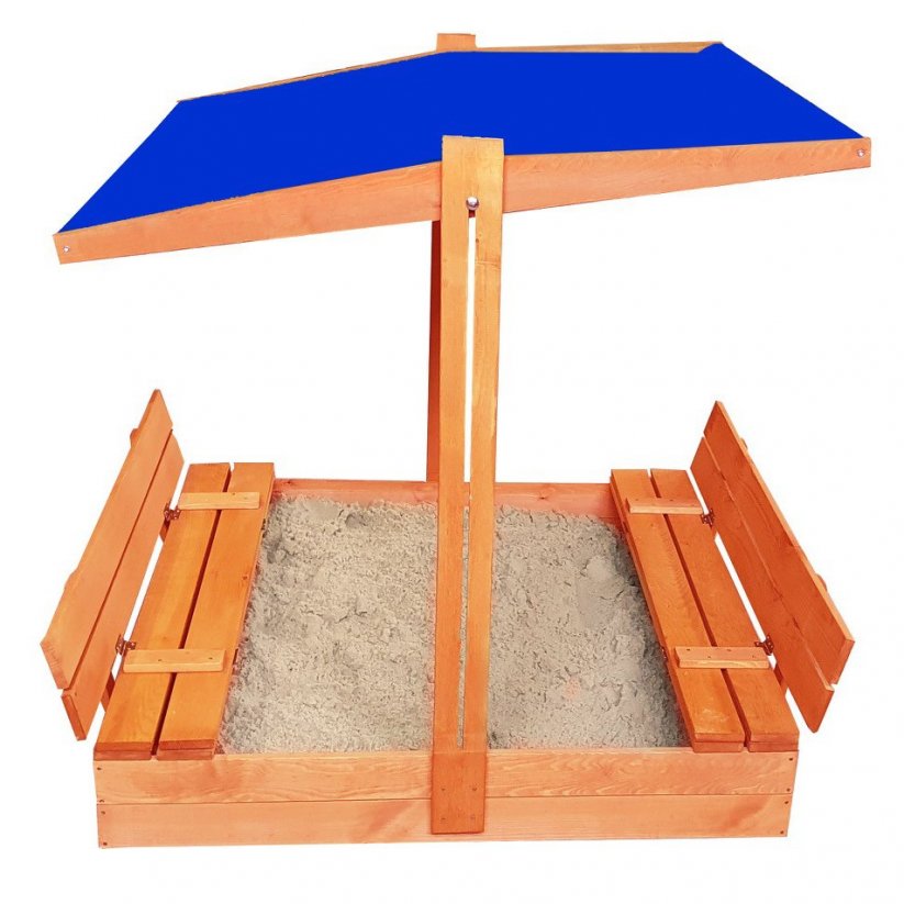 Verschließbarer Sandkasten mit Bänken und blauem Dach 120 x 120 cm