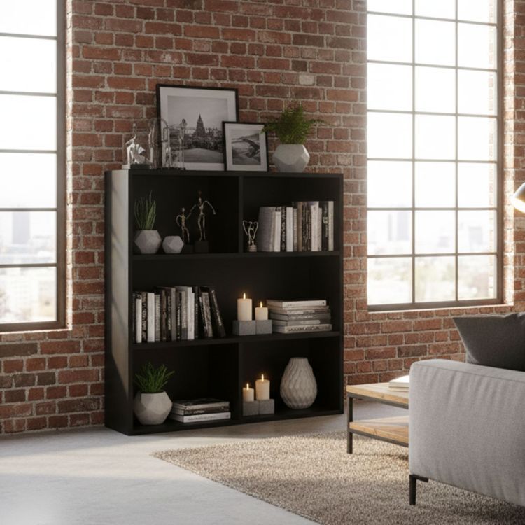 Moderný čierny regál – trojposchodová polica na knihy, dekorácie a hračky