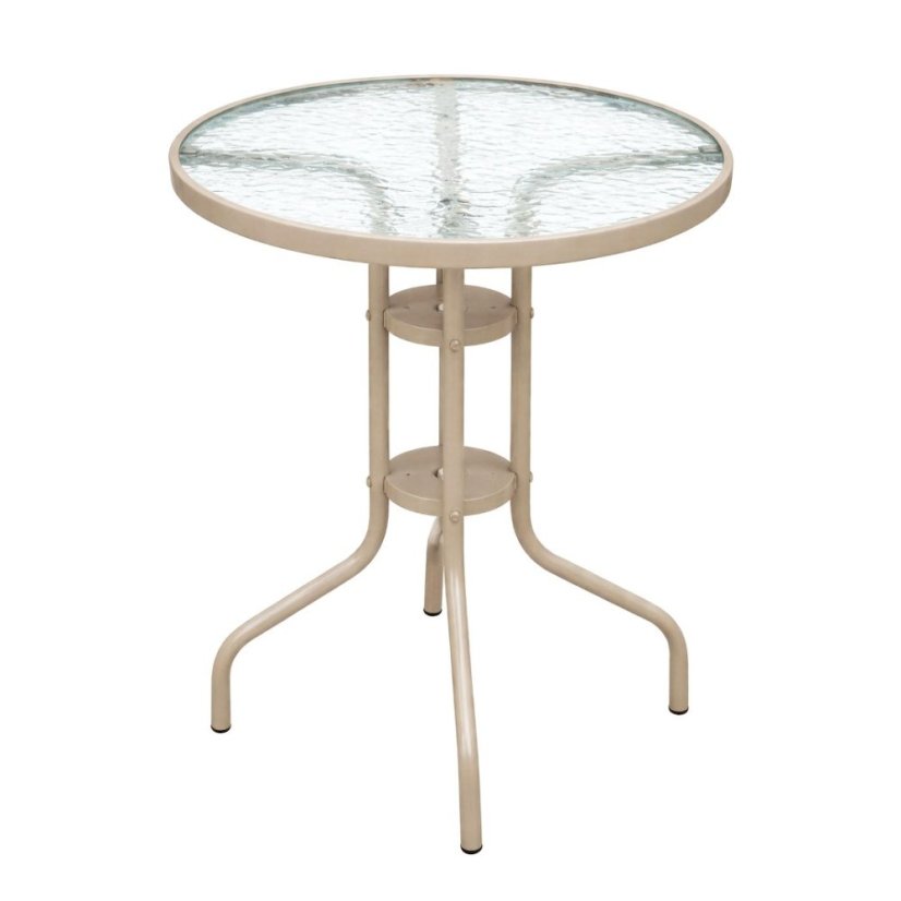 Masă din metal de culoare bej pentru balcoane și terase, 60 cm, cu blat din sticlă