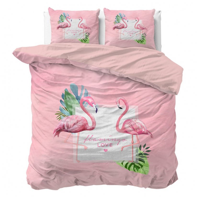 Roza posteljnina s flamingom 200 x 220 cm