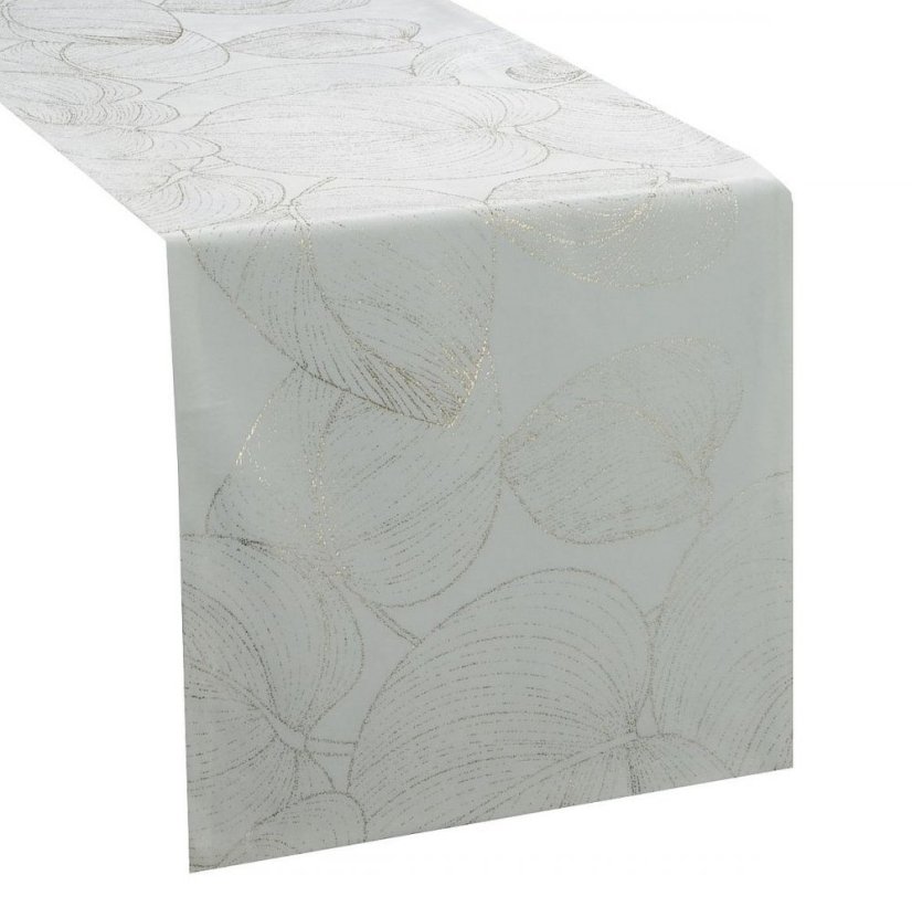 Zamatový stredový obrus s lesklou potlačou listov bielej farby