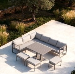 Große Garten-Eckgarnitur XL-NM-21 - grau + beige Kissen