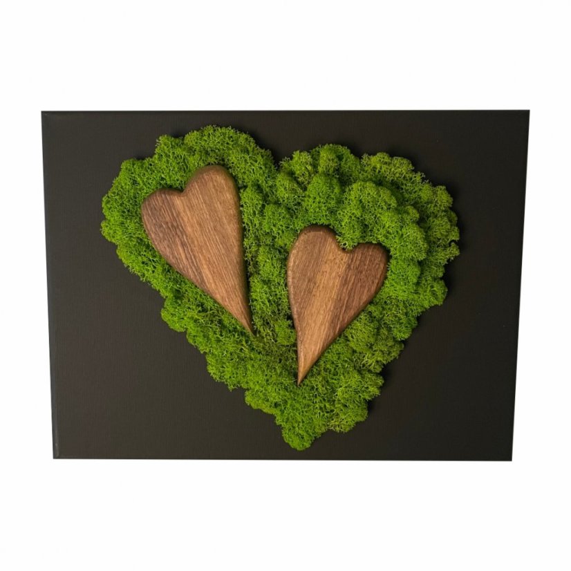 Lepa mahova slika z lesenimi srčki 40 x 30 cm