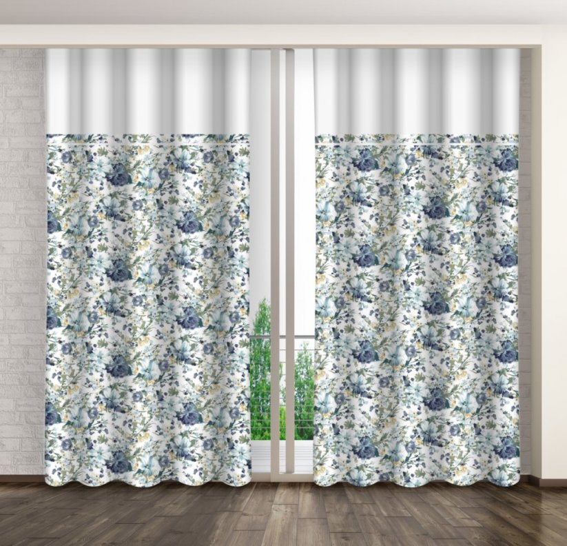 Függöny nyomtatott szép kék virágokkal és fehér szegéllyel
