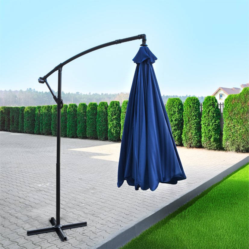 Modrý záhradný slnečník so stojanom