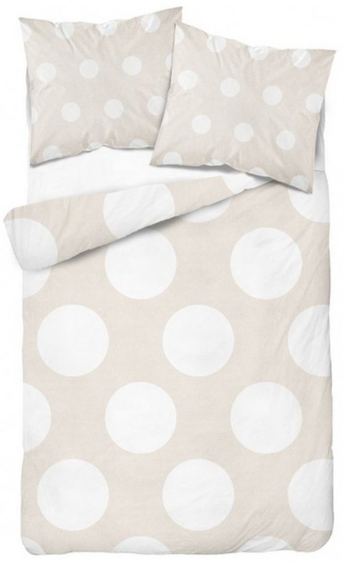 Cearșafuri confortabile de culoare alb-bej pe un pat de bumbac cu puncte mari