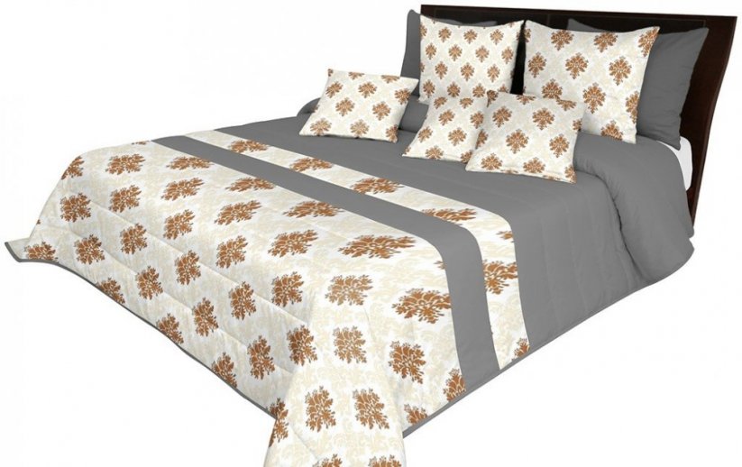 Luxusný prehoz na posteľ v sivej a béžovej farbe s hnedými ornamentmi
