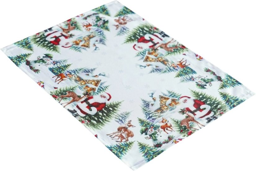 Vianočný obrus – biely so vzorom Santa Clausa, sobov a zimnej krajiny
