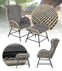Fotoliu de grădină cu taburet – set din technorattan cu perne pentru terasă și balcon